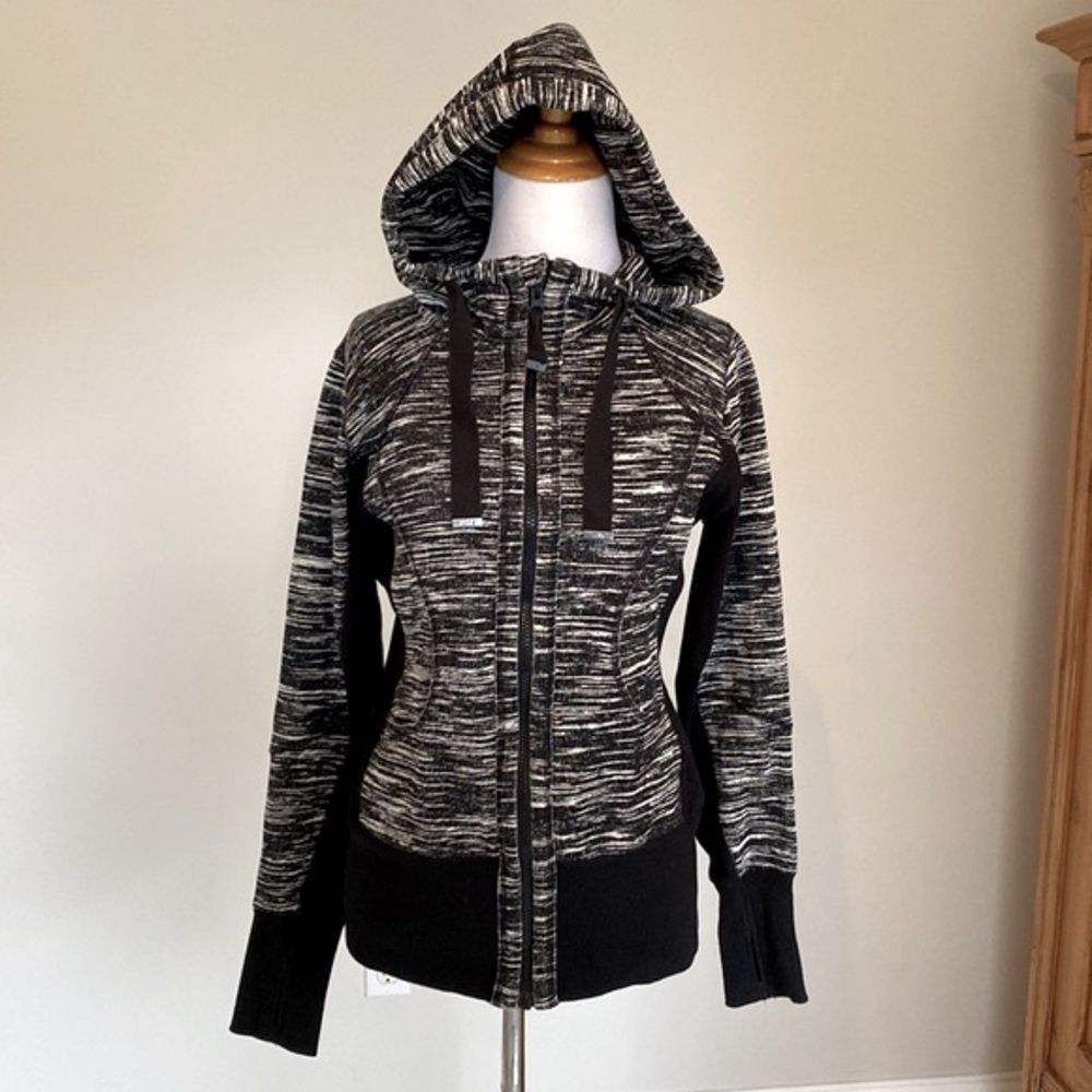 Nordstrom Zella Black White Spacedye Hooded Long Sleeve Front Zip Jacket Sz Med